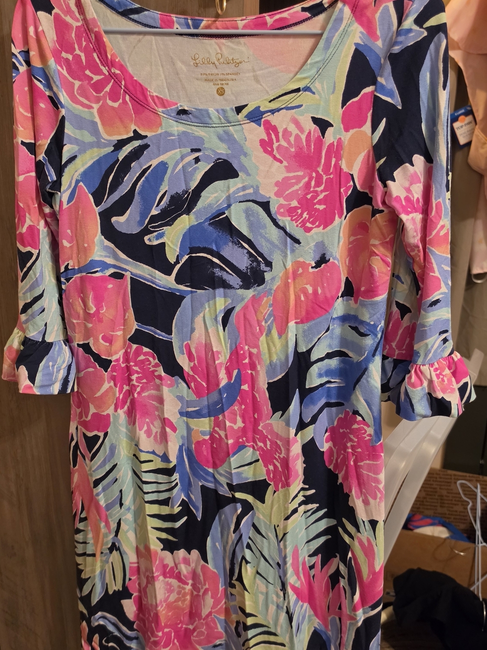 Lilly Pulitzer Sophie Ruffle Dress High Tide Navy Tropicolada UPF 50 XS